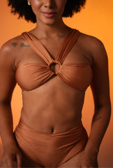 Golden Hour Ruched Bikini Set with High-Waist Bottoms