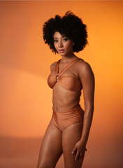 Golden Hour Ruched Bikini Set with High-Waist Bottoms