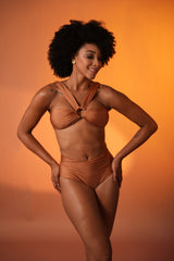 Golden Hour Ruched Bikini Set with High-Waist Bottoms