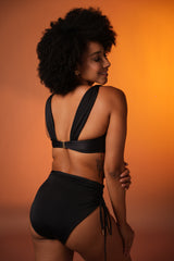 Black Ruched Bikini with High-Waist Bottoms