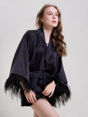 Midnight Black Robe with Feather Sleeves