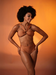 Golden Hour Ruched Bikini Set with High-Waist Bottoms