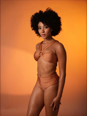 Golden Hour Ruched Bikini Set with High-Waist Bottoms