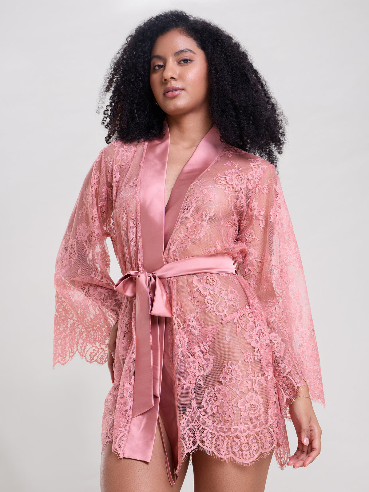 pink satin dressing gown Fitted Satin Gown with Lace Up Back and Rose Detail D5809
